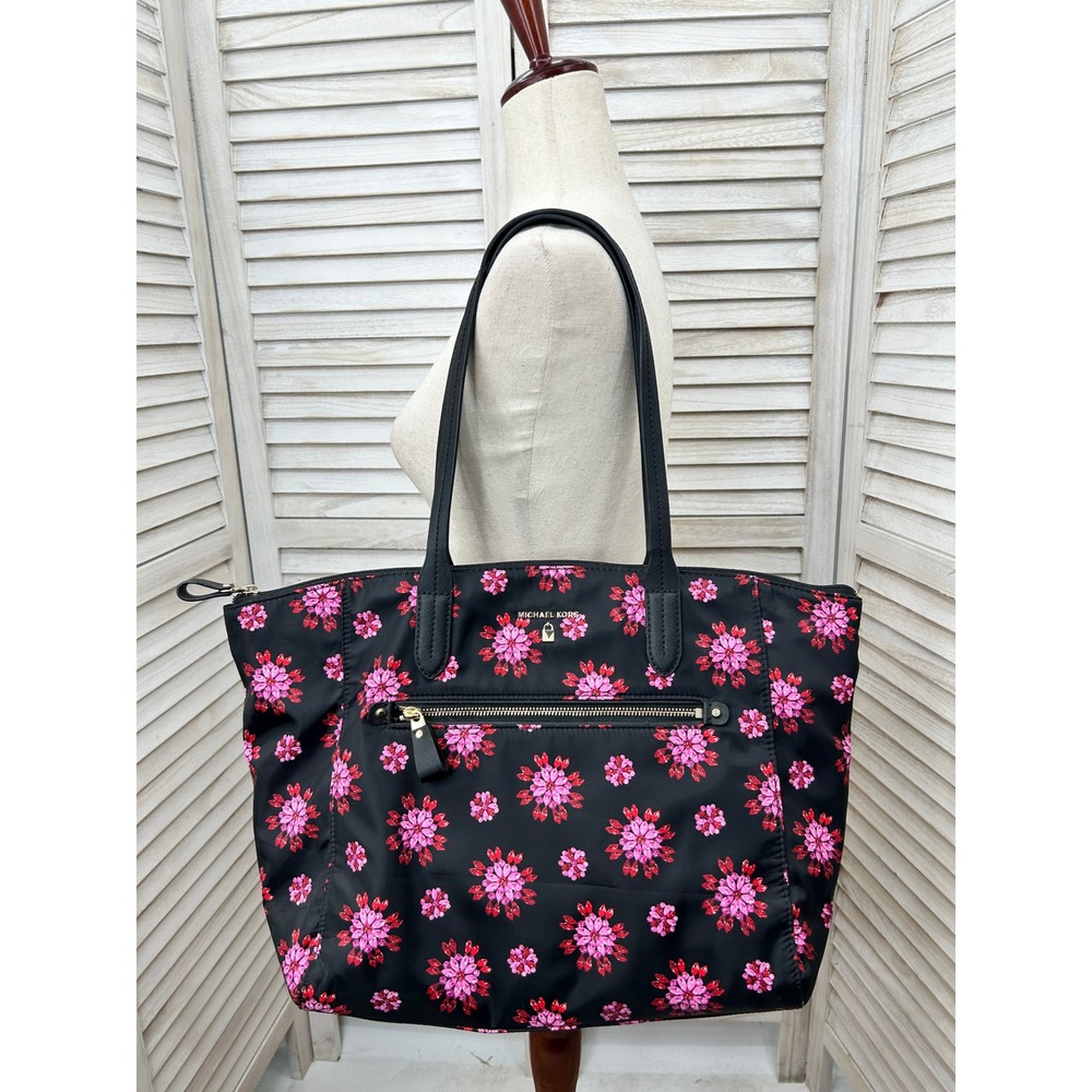 Michael Kors Nylon Kelsey Tote Bag Black & Pink Gem Floral Laptop Bag Work Purse